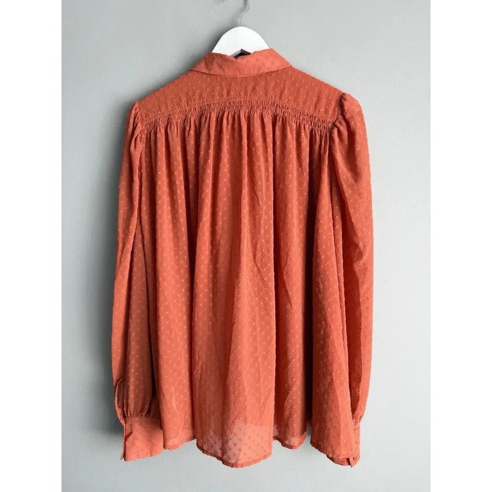 Free People Women's L Rust Terracotta Swiss Dot Blouse Long Sleeve Boho Prairie